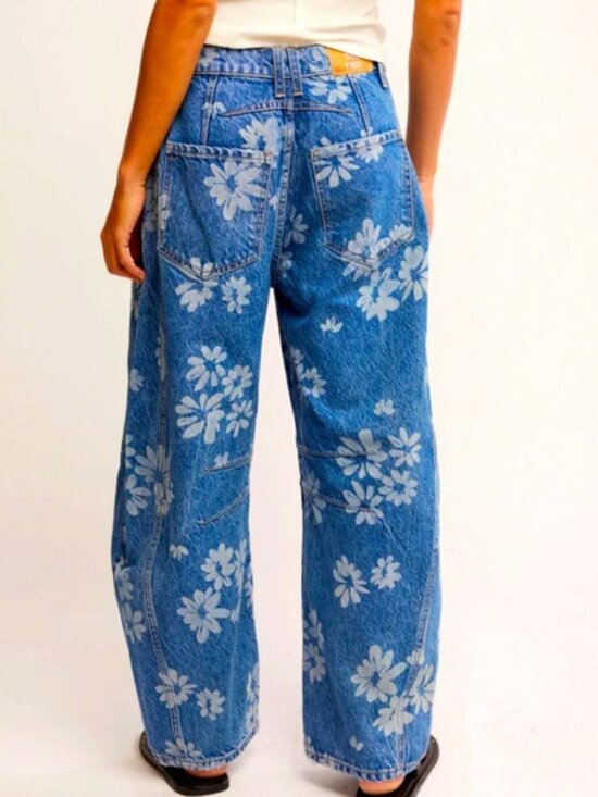 FREE PEOPLE We The Free Good Luck Printed Barrel Jeans Laser Daisy - Picture 2 of 6